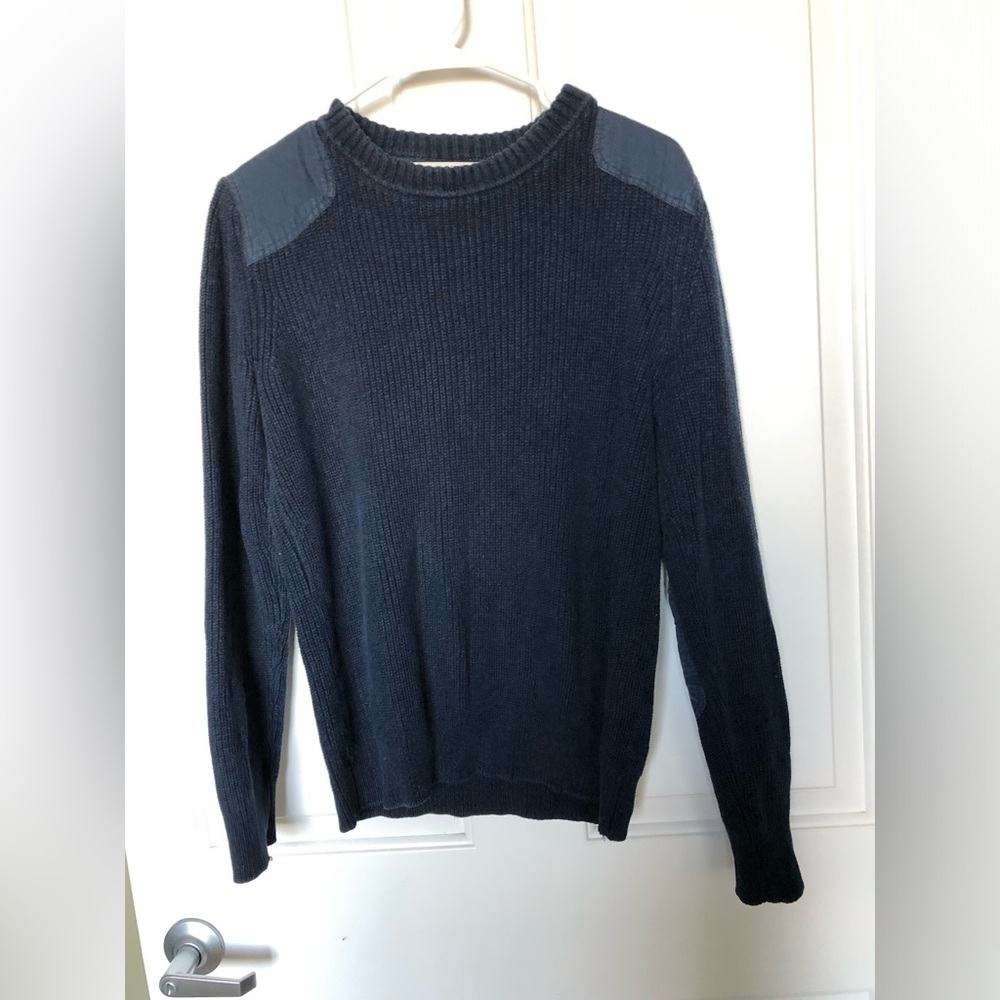 H&M Men's Navy Crewneck Sweater with Shoulder Patches Size Small